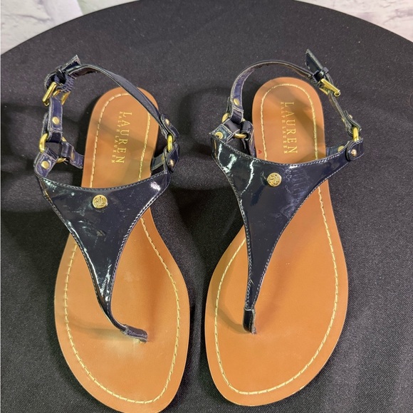 Lauren Ralph Lauren Womens Patsi T-Strap Thong Flat Sandals Size 8B Black Logo - Picture 4 of 8